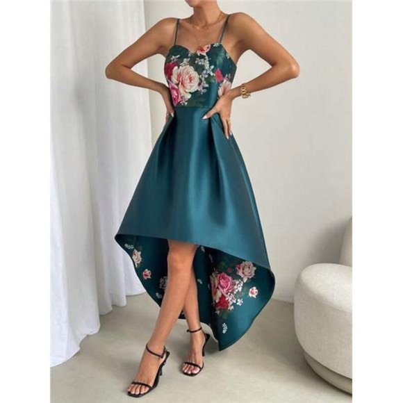 Floral High Low Dress- Green - Picture 1 of 6